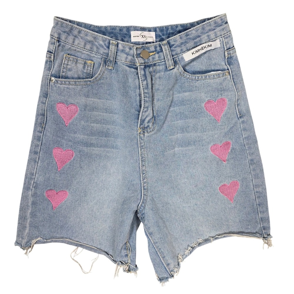 Kimhekim Heart Patch Denim Shorts Women Size M Light Blue Good Coquette Romantic
